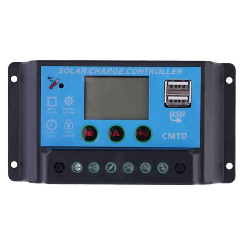 Controlador Solar 20 Amp, PWM, 12/24V, Con doble puerto USB y Display, azul, para plantas solares.