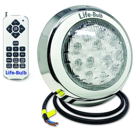 Lámpara LED Piscina, Sobreponer, 18W, 12V, 23cm, RGBW, AC/DC, Inox, 2W con control remoto.